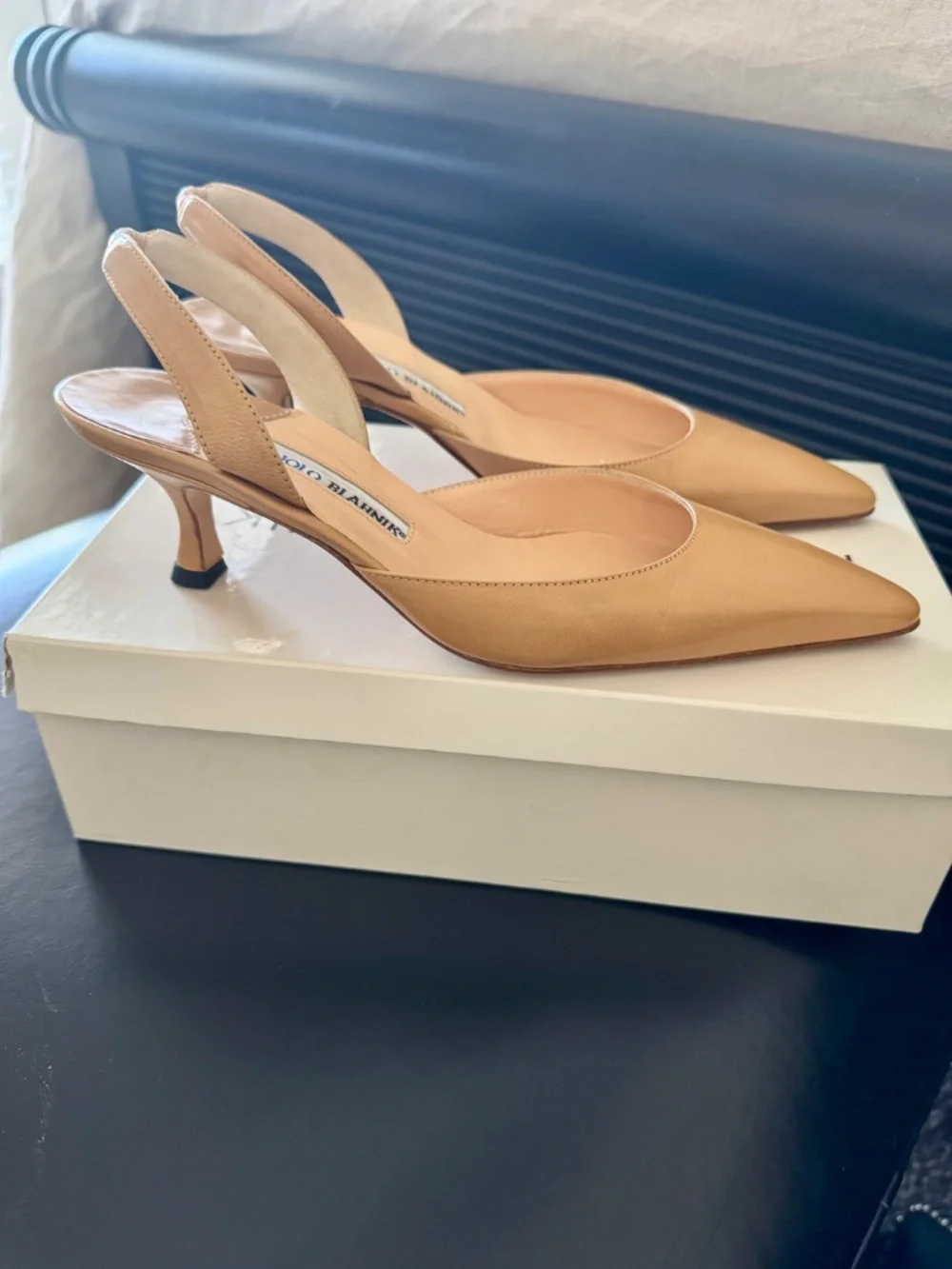Vintage Manolo Blahnik Nude Leather Sling Back Pumps